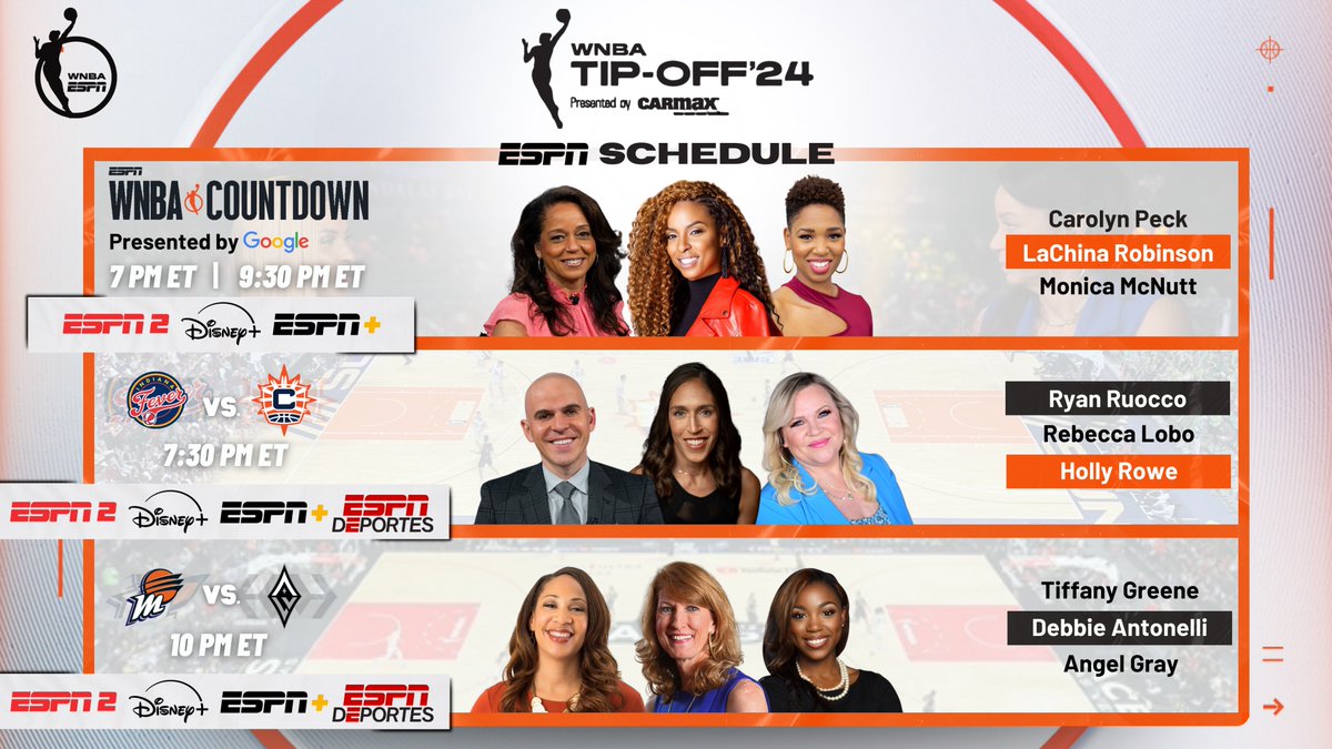 Tuesday, the '24 #WNBA season tips off on ESPN platforms with an Opening Night doubleheader

🏀 7p ET & 9:30p ET | Countdown

ESPN2, @DisneyPlus, @ESPNPlus, @ESPNDeportes
🏀 7:30p ET | #IndianaFever-#ConnecticutSun
🏀 10p ET | #ValleyTogether-#ALLINLV 

🔗bit.ly/3QJ9JLh