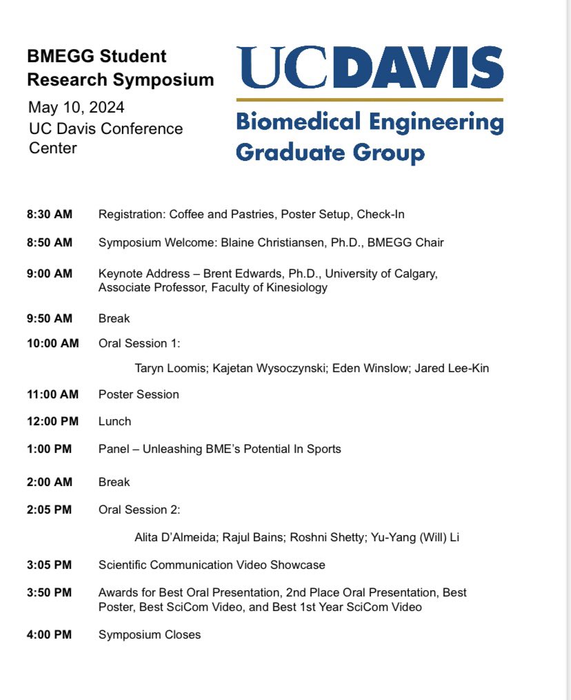 I am excited to be at the Biomedical Engineering Graduate Group Symposium today and to see all the great science our students are doing! @UCDavisBMEGG
