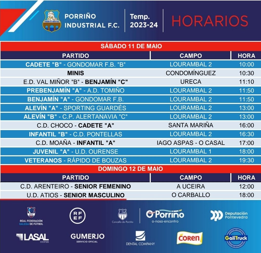 Horarios para esta fin de semana 🕓⚽

Sorte a todos 🍀

#porriñoindustrial #futgal #horarios