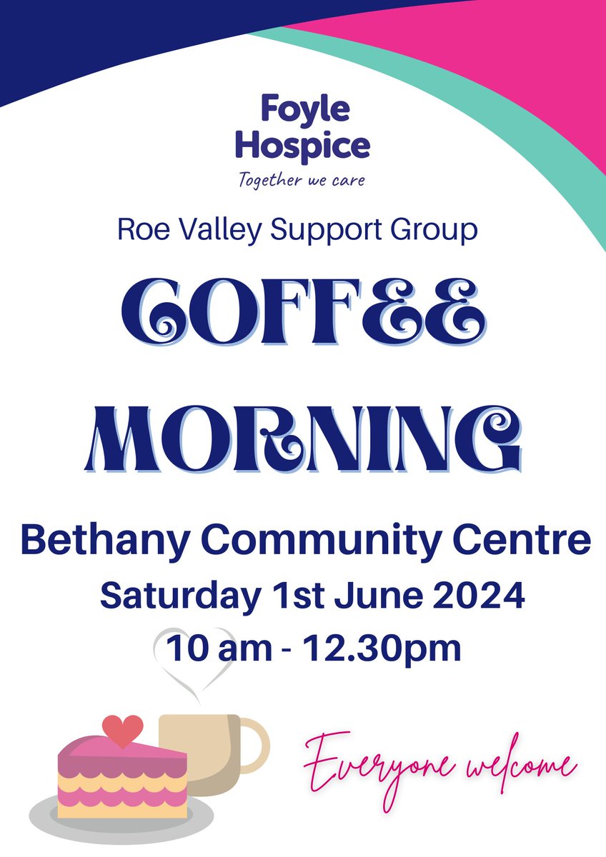 Join the amazing Roe Valley Support Group for their annual Coffee Morning on Saturday 1st June from 10am – 12.30pm at Bethany Community Centre. Everyone is welcome. #coffeemorning #getinvolved #charity #fundraising #localhospice #supportgroup