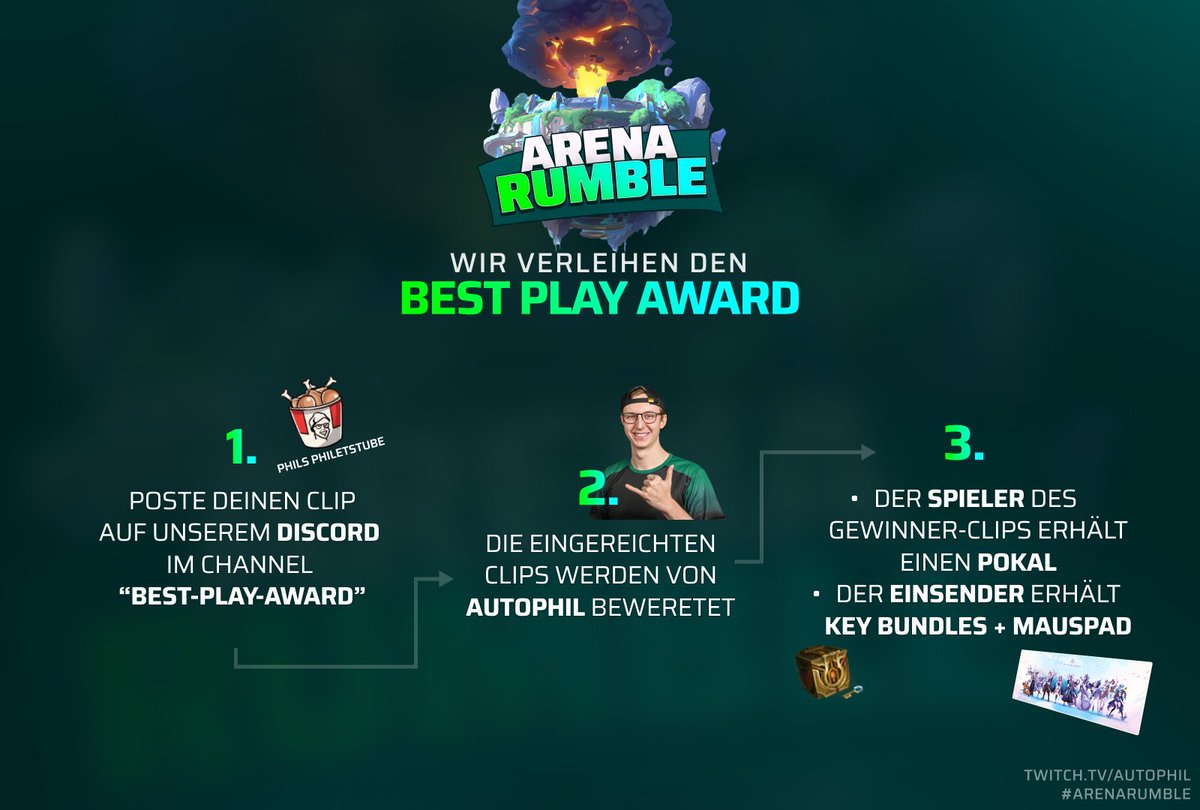 Autophil_lol's tweet photo. ⚠️ Best Play Award beim #ArenaRumble⚠️

Wie funktioniert das?
1. Join dem Discord Server: https://t.co/izYZnMMiSZ und poste die Clips im "-Best-Play-Award" Kanal
2. Nach dem Turnier wertet die Jury (ich 🤠) alles aus und wähle einen Gewinner
3. Du hast gewonnen 💸 https://t.co/3L8oiW6Sou
