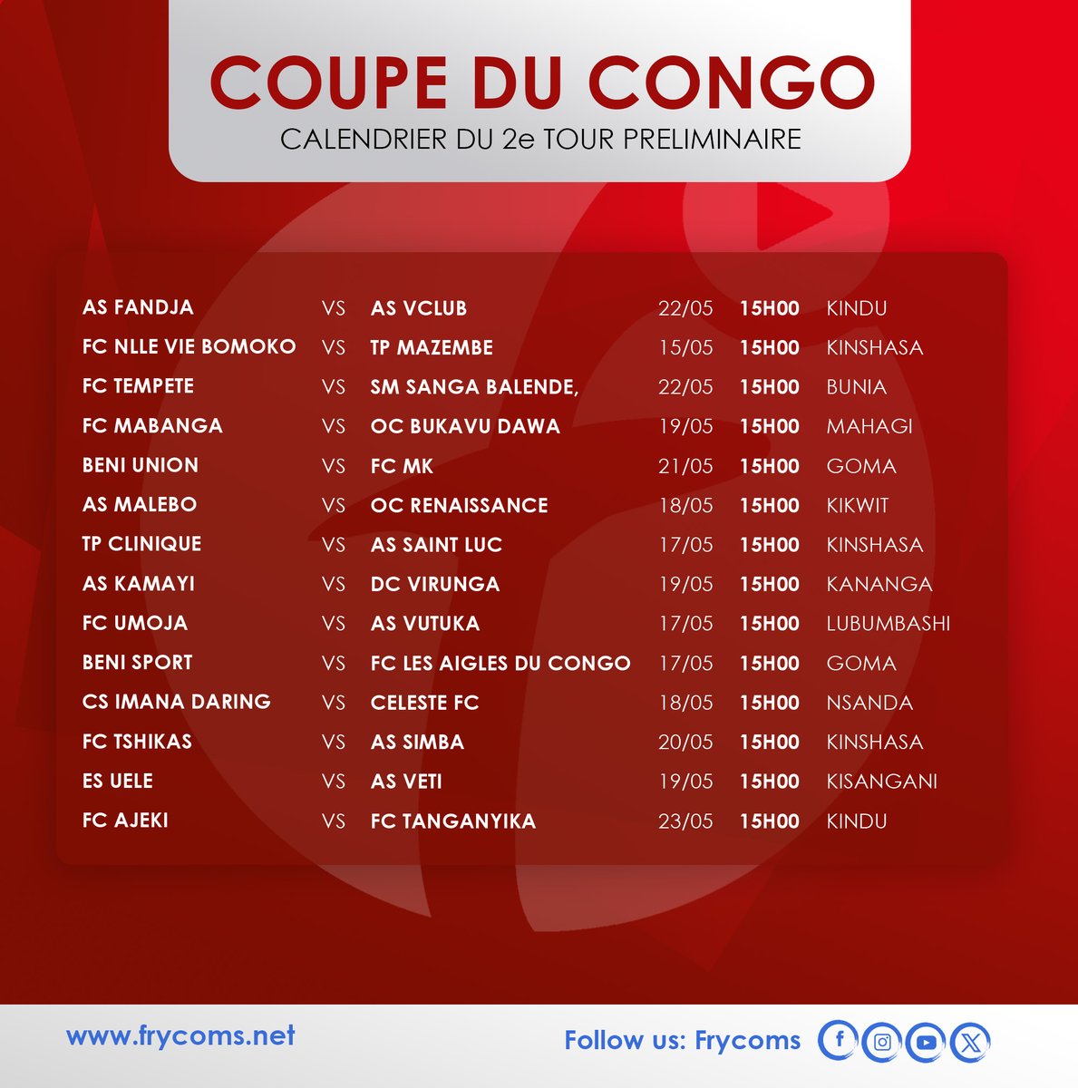 Coupe du Congo: le Calndrier
@FecofaRdc