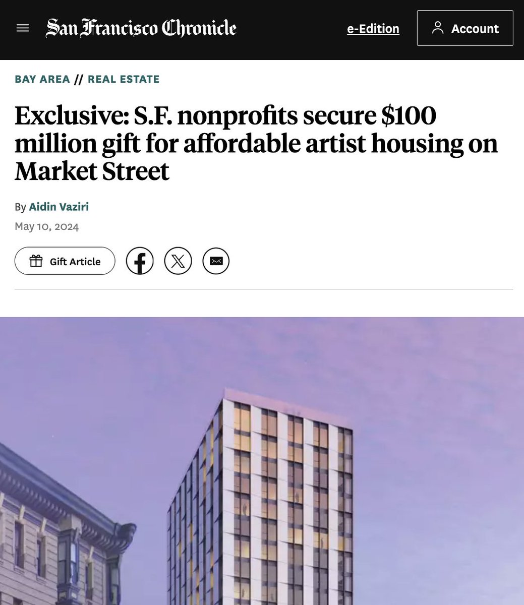 This is the power of pro housing legislation. Due to passage of @BuffyWicks AB2011, we may now get 100% affordable housing for 100 artists streamlined in SF. A possible decision in 90 days, with construction beginning next year, and completion 18 months after. More of this.