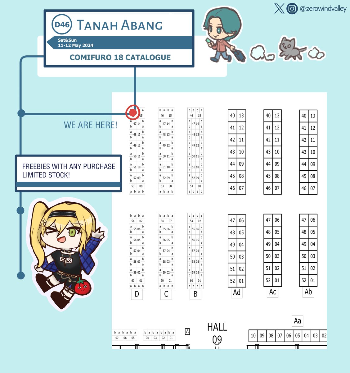 Oh hi, I am actually selling some things in Comifuro! 😮

We're at:   [ TANAH ABANG  ]  - [  D46  ]

We're not exactly a Train Station booth, but let's pretend we are and stop by if you're interested!

#comifuro18catalogue #comifuro18 #cf18