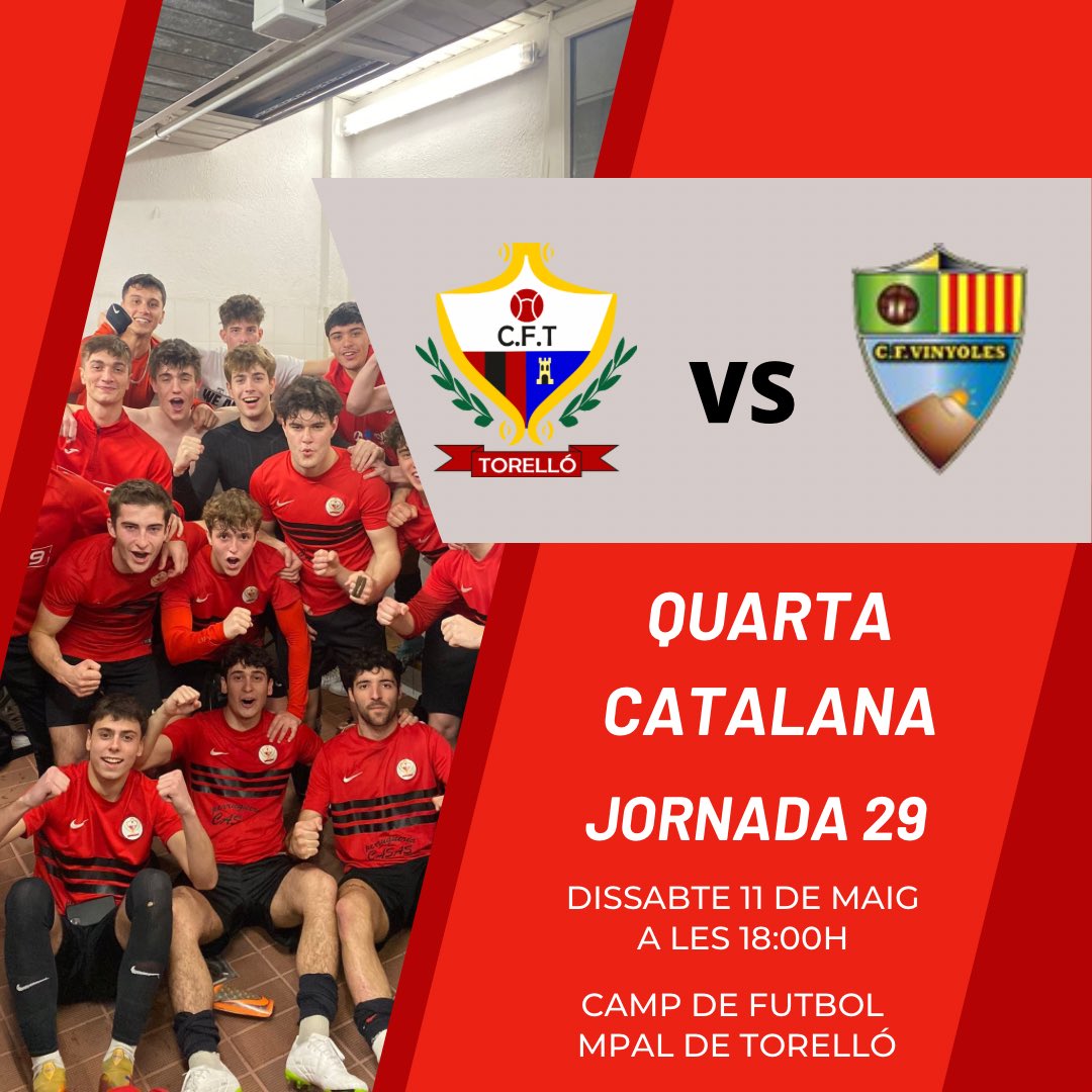 𝐒É𝐍𝐈𝐎𝐑 𝐁⚽️ 🆚 Vinyoles 🕹️ Jornada 29 🗓️ Dissabte 11 de Maig ⌚️ 16:00h 🏟️ Camp de futbol MPAL de Torelló 📍 Torelló ❤️🖤