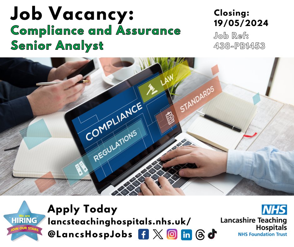 Job Vacancy: Compliance and Assurance Senior Analyst @LancsHospitals 

⏰Closes: 19/05/2024

Read more and apply: lancsteachinghospitals.nhs.uk/join-our-workf…

#NHS #NHSjobs #lancashire #Compliance #SeniorAnalyst #Preston