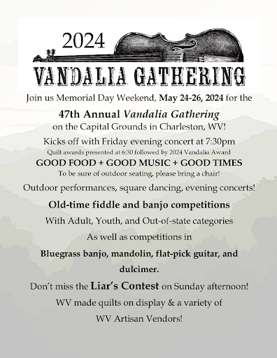 The Vandalia Gathering returns again this year for its 47th celebration Memorial Day weekend, May 24-26, 2024. Be sure to join us for old-time music, traditional dancing, the Liars Contest, arts and crafts, food and more!
wvculture.org/vandalia-gathe…