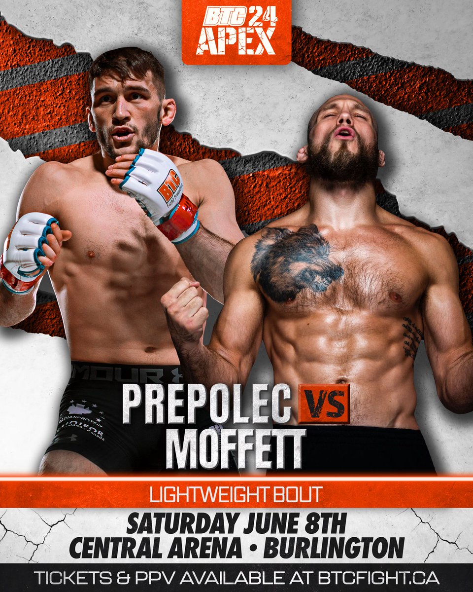 Banger in Burlington!! 🔥 @KPrepolec vs @Bobby_TheWlfmn 🔥 Former @BTCFight champion Kyle Prepolec (17-8) returns to take on fellow UFC veteran Bobby “The Wolfman” Moffett (17-6) at #BTC24 #BurlOnt #MMA