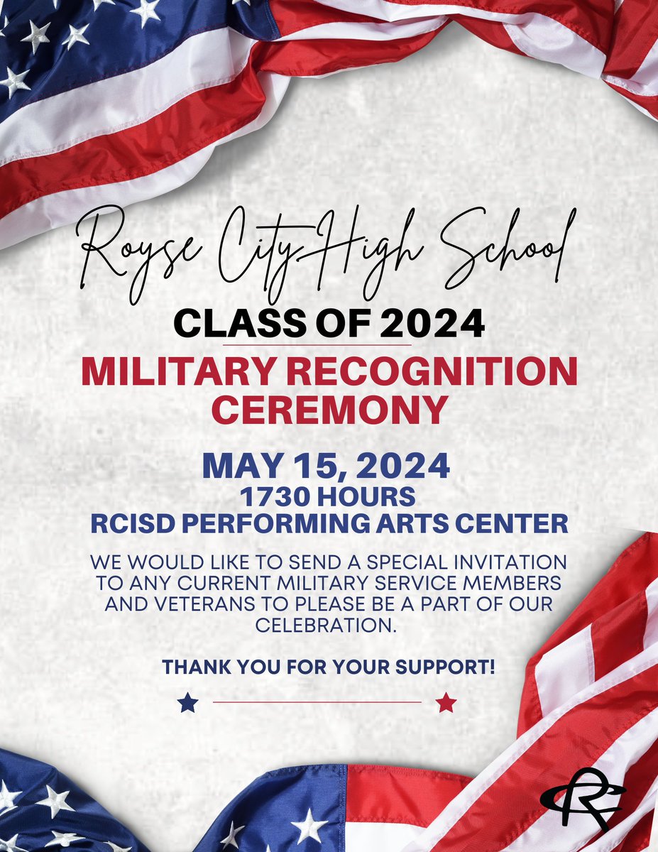 Royse City High School will be recognizing our Class of 2024 Seniors who will be committing to serve our country after their High School graduation.