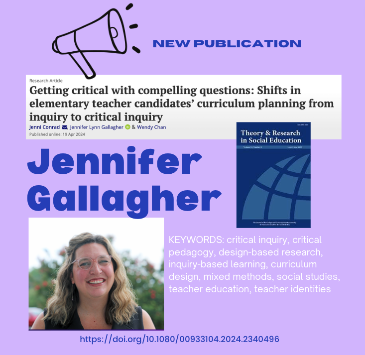 Dr. Jenni Gallagher co-published “Getting Critical with Compelling Questions” in Theory & Research in Social Education.  #research #socialstudies #teachereducation    tandfonline.com/doi/full/10.10… @ECU_COE