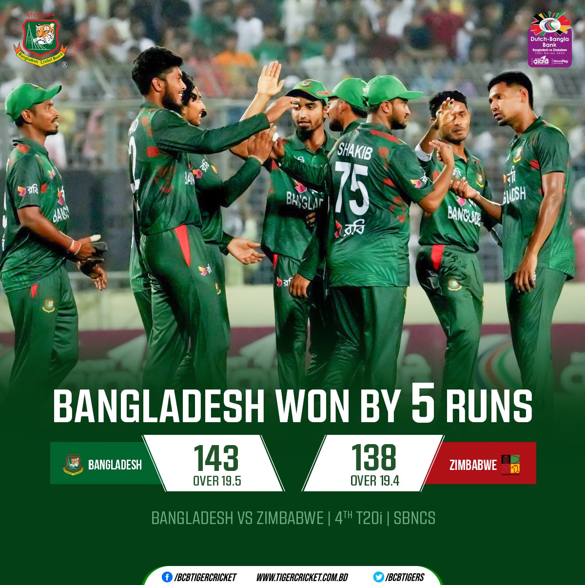 Dutch-Bangla Bank Bangladesh vs Zimbabwe T20i Series 2024 | 4th T20i Bangladesh won by 5 runs ✨👏 Details 👉: tigercricket.com.bd/live-score/zim… #BANvZIM #BCB #Cricket #BDCricket #livecricket #Bangladesh