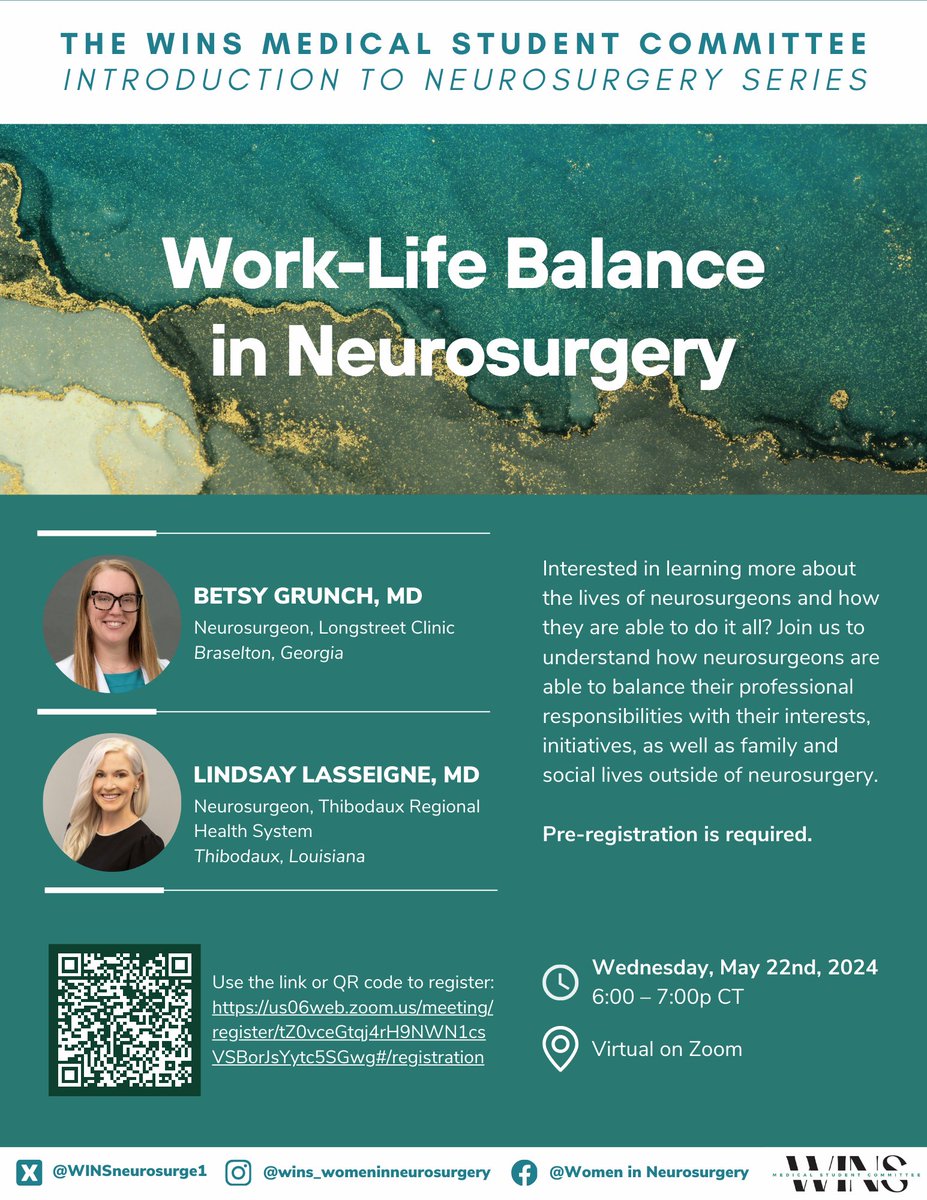 WomenInNSGY's tweet photo. 🧠 Excited to announce our "Work-Life Balance in Neurosurgery" event featuring Dr. Betsy Grunch and Dr. Lindsay Lasseigne! Mark your calendars for May 22nd and don't forget to register! https://t.co/8MewMEYq4O