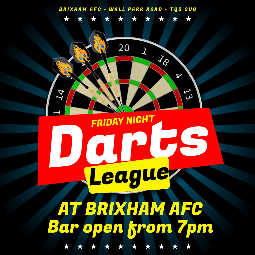 The @BrixhamAFC darts team are in action tonight in the clubhouse against @BRFCofficial, all welcome! 🎯🍺🥪