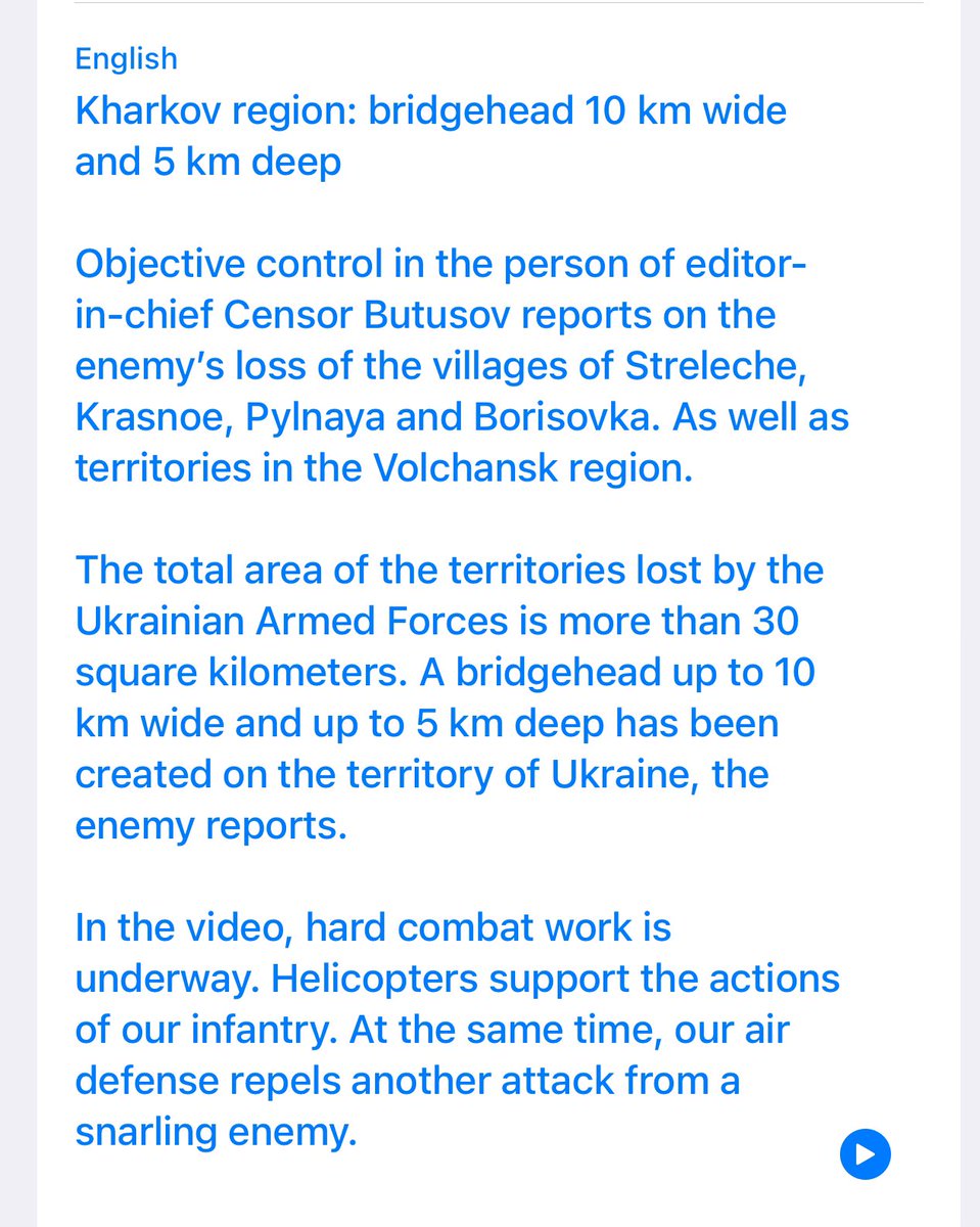 Kremlin propagandist Alexander Kots says Russian offensive in Kharkiv Oblast has established a bridgehead 10 km wide and 5 km deep into Ukrainian territory.