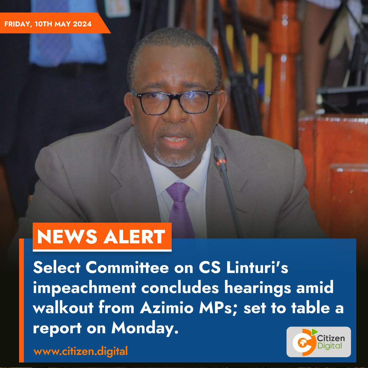 Select Committee on CS Linturi's impeachment concludes hearings amid walkout from Azimio MPs; set to table a report on Monday.
