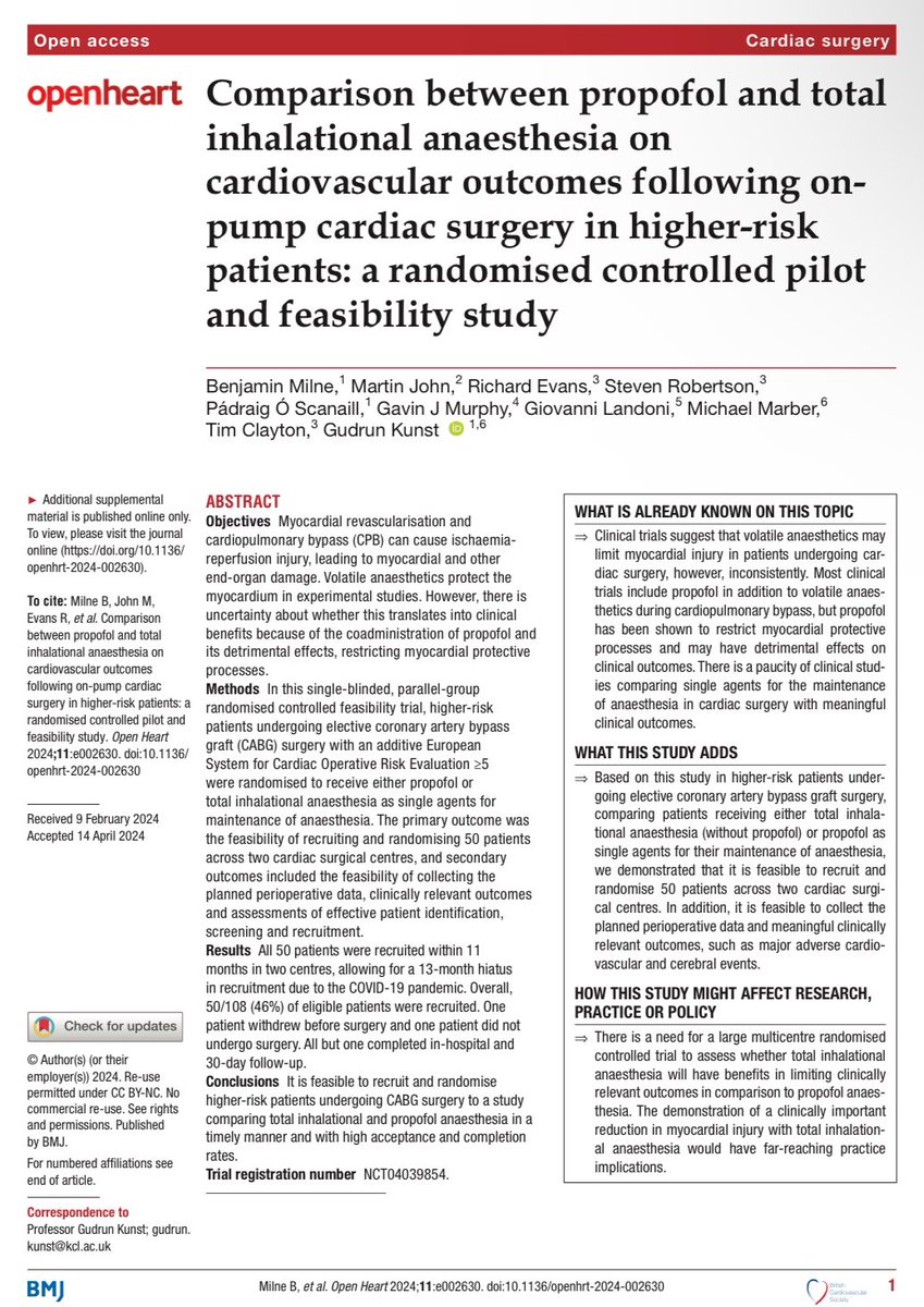 a #propofol free anesthesia is feasible in high risk cardiac surgery patients in UK a pilot, but multicenter, RCT free link openheart.bmj.com/content/11/1/e…