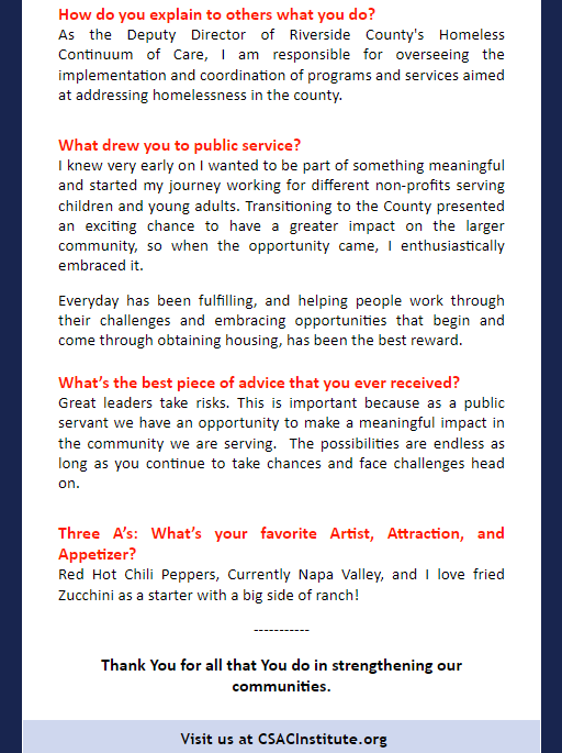 #PublicServiceRecognitionWeek Today CSAC rounds up the week by talking to @TanyaTorno, Deputy Director, Department of Housing &amp; Workforce Solutions <a href="/RivCoNow/">County of Riverside</a> , an outstanding leader who believes in endless possibilities  <a href="/RivCoSolutions/">RivCoSolutions</a> <a href="/CSAC_Counties/">California State Association of Counties®</a>