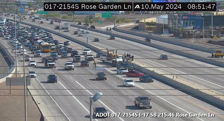 I-17 southbound near Rose Garden Lane: A crash is blocking the HOV, left, and right lanes.