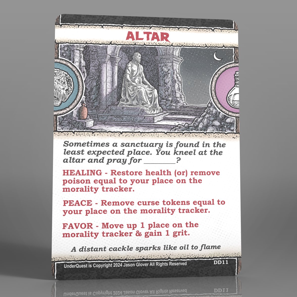 Sometimes a sanctuary is found in the least expected place… Say hello to the altar card for the upcoming UnderQuest. #sologame #dungeoncrawl #dnd #cardgame #dungeongame #boardgame #tabletopgames #tabletoprpg #solorpg