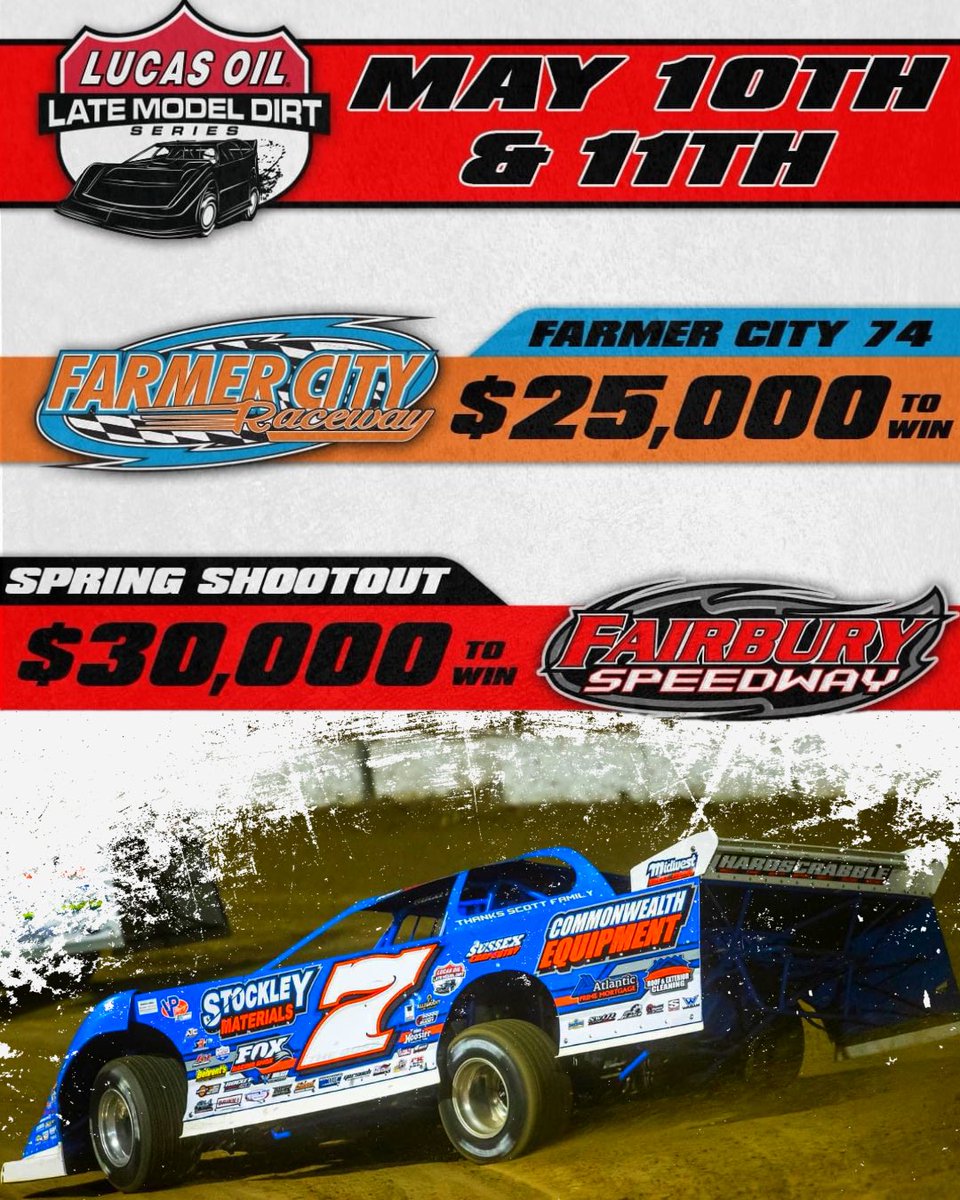 💥Our doubleheader weekend starts tonight as Ross and the @lucasdirt will battle the 1/4 mile high banked dirt oval for a 74 Lap - $25,000 to Win show on Friday, May 10th at @FarmerCityRacin EVENT TIMES Hot Laps: 6:30 PM Racing Starts: 7:00 PM 📺 @FloRacing 📱@MyRacePass