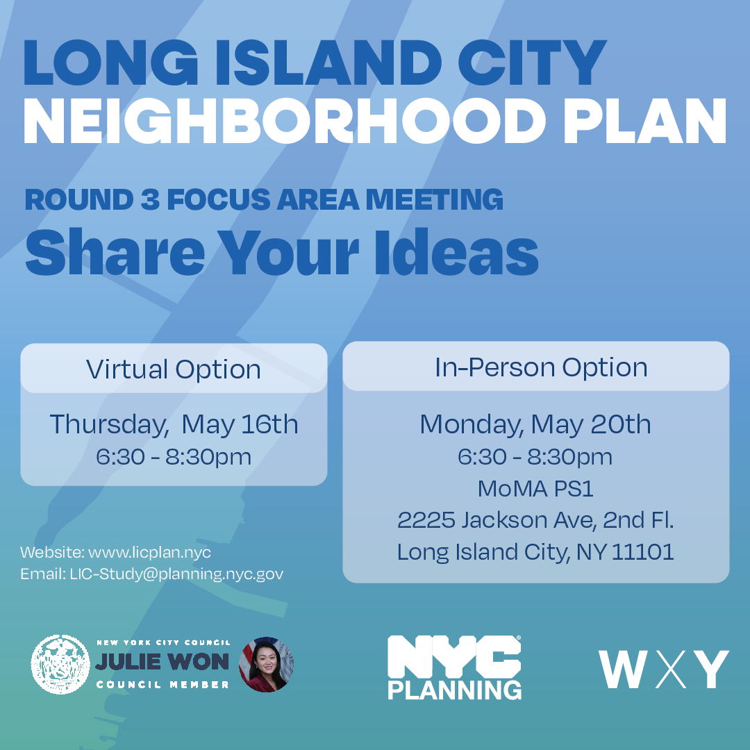 New opportunities to share your ideas for the future of Long Island City! We’ll discuss plans for affordable housing, jobs, infrastructure and more. Online: May 16 (6:30-8:30pm) In-Person: May 20 at @MoMAPS1 (6:30-8:30pm) Learn more + register: licplan.nyc #OneLIC