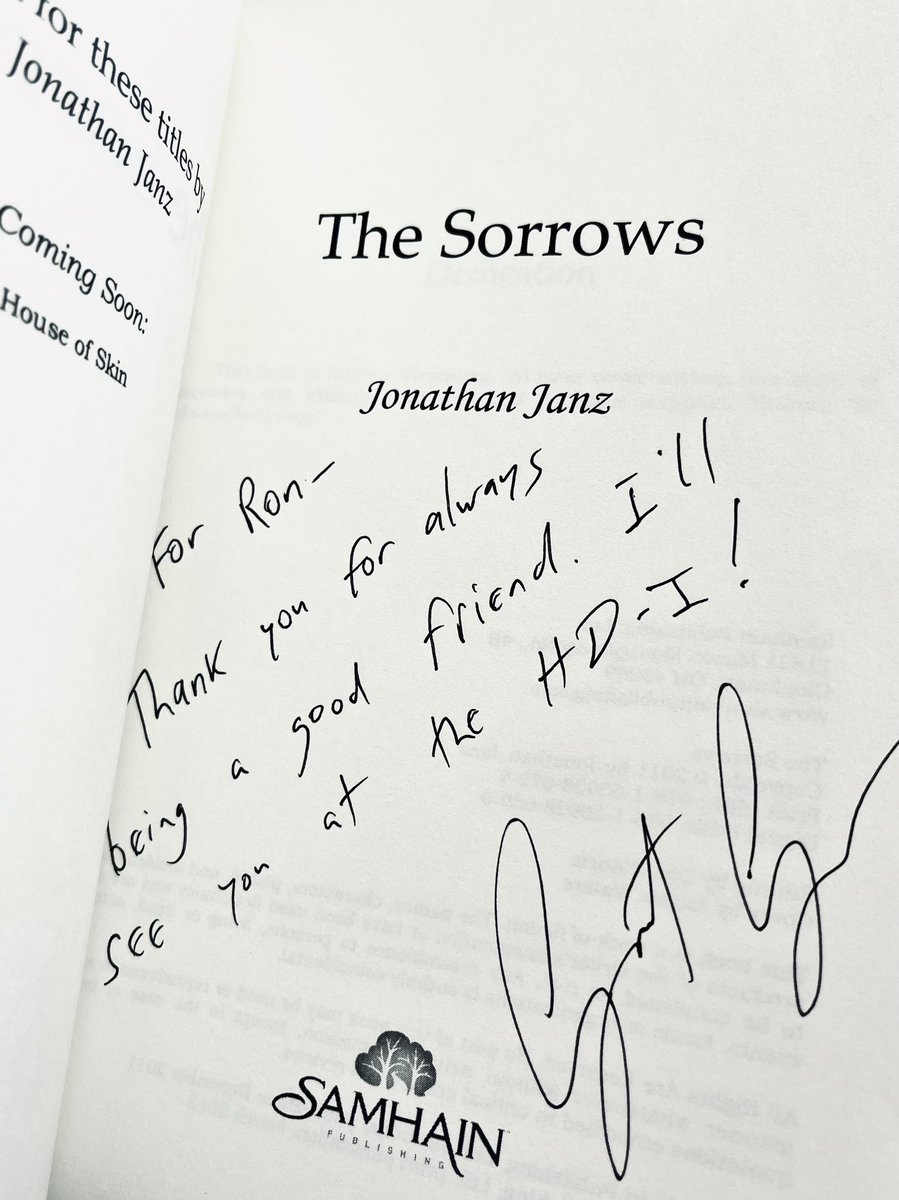 THE SORROWS, signed 1st printing of @JonathanJanz’s debut horror novel. Samhain Pub., 2011. @MuchAdoAboutNil @StefanDz11 @joelansdale @atters1000 @Pulpcurry @memizon @lay_jim @Weird_Friction @Sulli864 @Charrlygirl @MightStephen @SSheil @GavinWoltjer @OzNoir @kresby2 @StuartKells