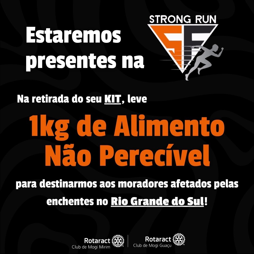 eteractmm's tweet image. O Rotaract Club de Mogi Mirim e Mogi Guaçu está em parceria com a Strong Fitness na 1° Strong Run!

A corrida acontece no dia 19 de Maio, no Parque dos Ingás, Mogi Guaçu! 

Para retirar seu Kit, leve 1kg de alimento não perecível para destinarmos as vítimas das enchentes no RS!