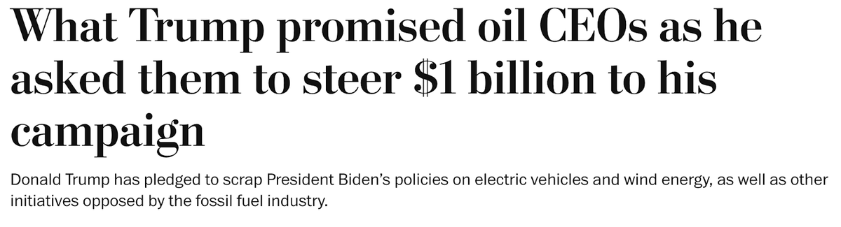 In case it's unclear to anyone... this is naked corruption. Trump would sell our climate and our kids' future to the highest bidder. washingtonpost.com/politics/2024/…