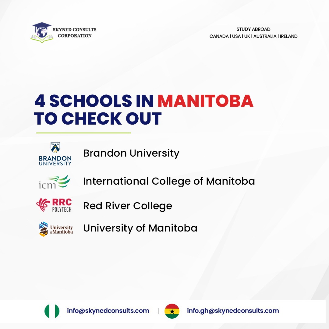 If you Need a DLI & PGWP eligible schools to apply to in Manitoba? Look no further 
Check out 4 schools in Manitoba🇨🇦 we can help with your application 

Send us a DM or an email to info@skynedconsults.com so someone from our team can examine your profile & start your application
