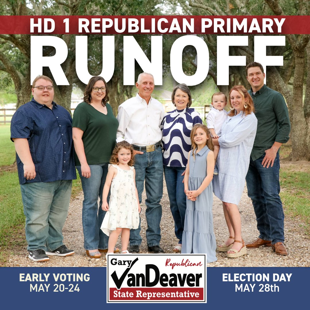 Don't forget the Republican Primary Runoff Election for HD 1 is coming up on Tuesday, May 28th. Mark your calendars for Early Voting (May 20th-24th). I am proud to have delivered dozens of Conservative priorities as your state representative. #txlege #VoteForVanDeaver