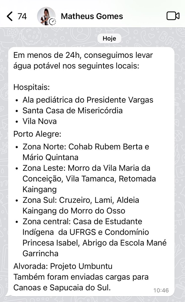 Bora focar em continuar ajudando o RS. Tem mais carretas com milhares de litros de água chegando hoje. O @matheuspggomes está lá dia e noite operacionalizando tudo!