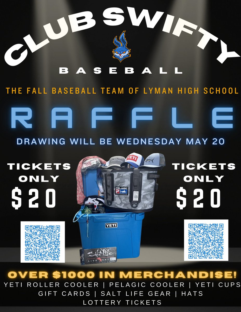 Big opportunity to win some incredible prizes in our Club Swifty Baseball Raffle! Drawing will be May 20. Tickets are $20 and you can buy as many as you want to buy! All proceeds benefit <a href="/BaseballLyman/">LYMAN GREYHOUND BASEBALL</a> and improvements to The Bob!