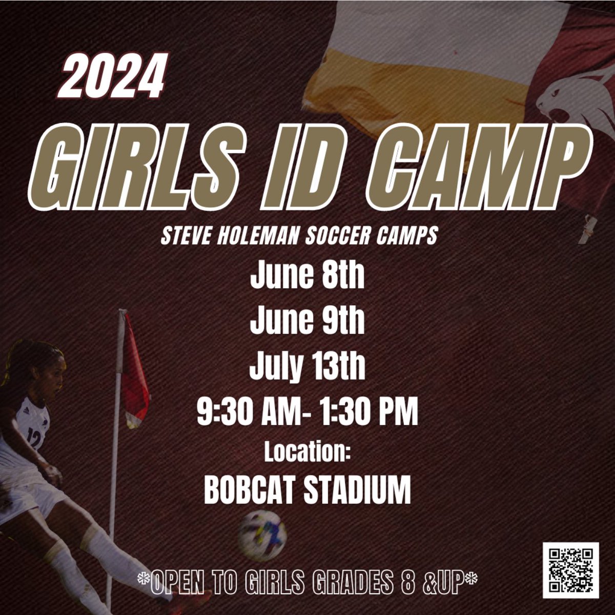 🚨Summer ID Camps🚨 🗓️June 8th, June 9th, July 13th ⌚️9:30am-1:30pm 👥 Girls 8th Grade and up 📍 Bobcat Soccer Complex, San Marcos 💻 steveholemansoccercamps.com