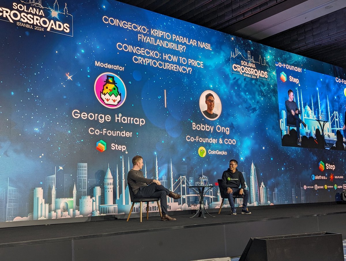 An amazing capture of @bobbyong, Co-founder of @coingecko, and @George_harrap, Co-founder of @StepFinance_, discussing 'How to price crypto'.