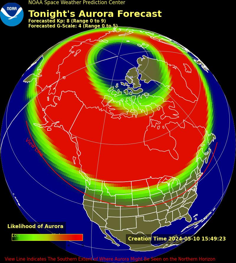 A big geomagnetic storm could produce northern lights as far south as central CONUS Friday night. Latest forecast has lifted the 'view line' farther north than what I saw yesterday. Based on this graphic, we're not expecting anything in Southern Nevada: