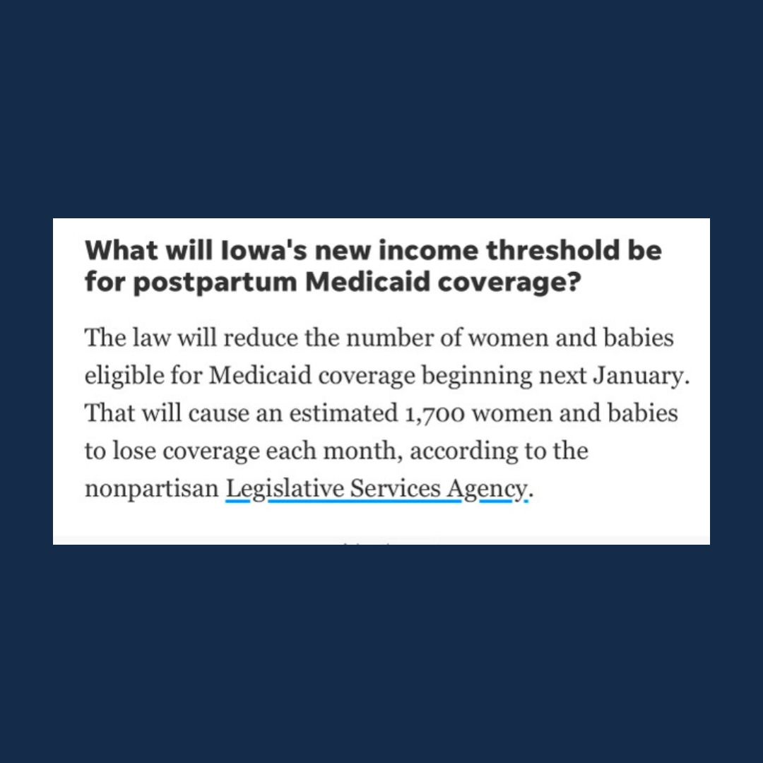 It’s a good thing that Iowa is joining the majority of states providing Medicaid postpartum coverage for 12 months. But that’s not the whole story: we’re paying for it by kicking other moms and babies off of their healthcare. 🤦🏻‍♂️