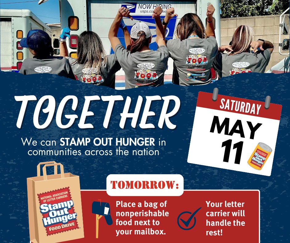 Help #StampOutHunger tomorrow! This is our largest single food drive all year, bringing in thousands of pounds of food for our shelves. With a little effort, you can be part of a big difference. Just leave a bag of non-perishable food by your mailbox. Easy as that! 📬🥫