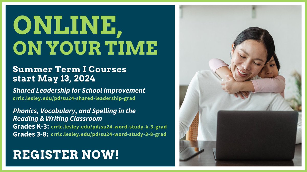 CTRLIT_Teaching's tweet image. There’s still time to register for our Summer Term I courses!

You can take each as a stand-alone course or apply the credits toward an advanced literacy certificate.

See your options here: CRRLC.LESLEY.EDU/PROFESSIONAL-D…
#onlinelearning #educationtraining #learnfromhome