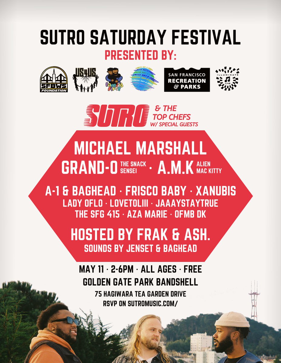 The Sutro Album is dropping today and they'll be celebrating tomorrow, May 11th, 2-6pm at the Golden Gate Bandshell with a line up full of local talent. This is a free, all ages show, and you'll get to hear the entire album played with The Top Chefs + special guests! @recparksf
