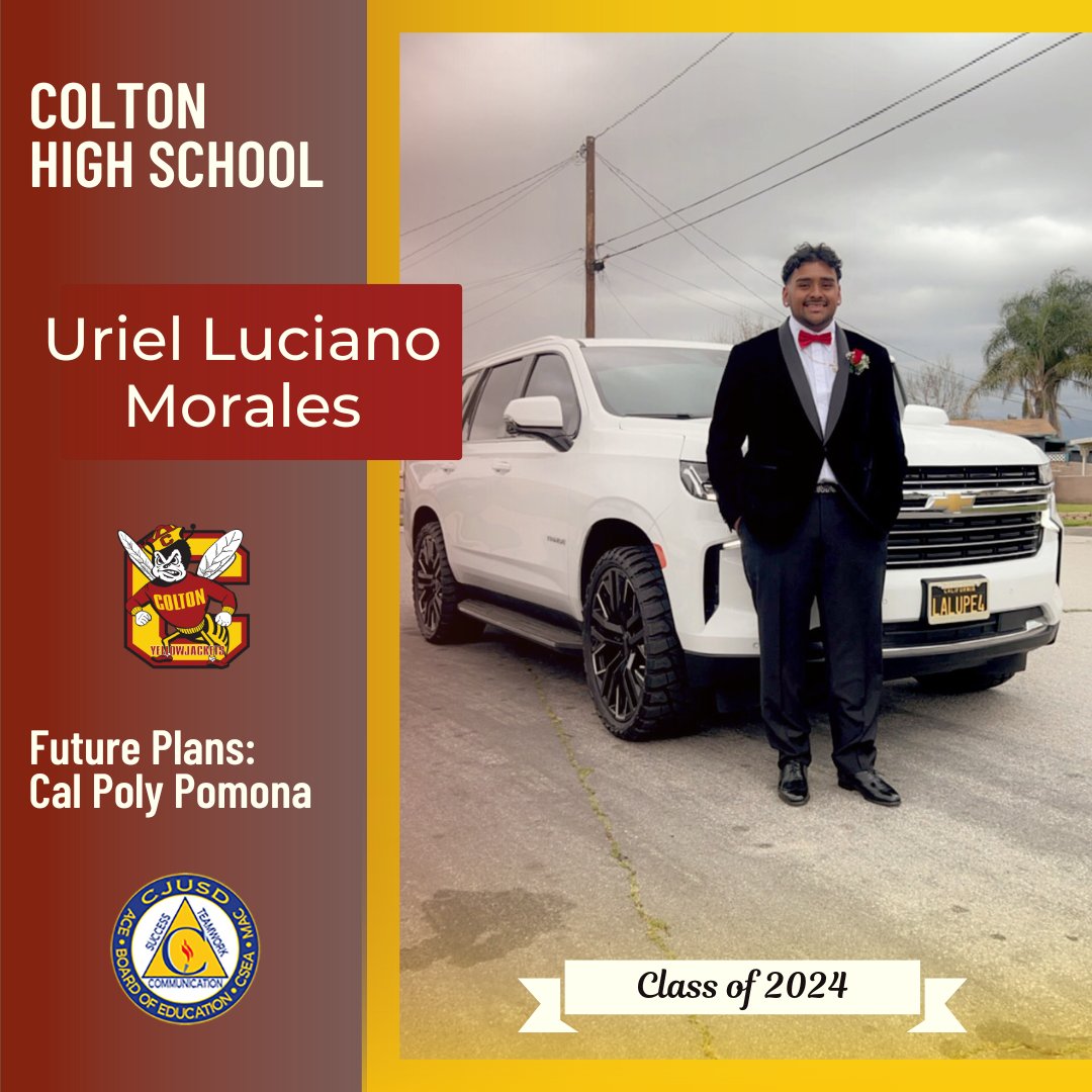 Congrats to Colton High School 🎓senior Uriel Luciano Morales who plans to attend Cal Poly Pomona! #CJUSDCares #CHS #Colton 🐝🎉 Seniors, to be featured in our social media #CJUSD Class of 2024 Spotlight, fill out the form at bit.ly/CJUSDsenior2024