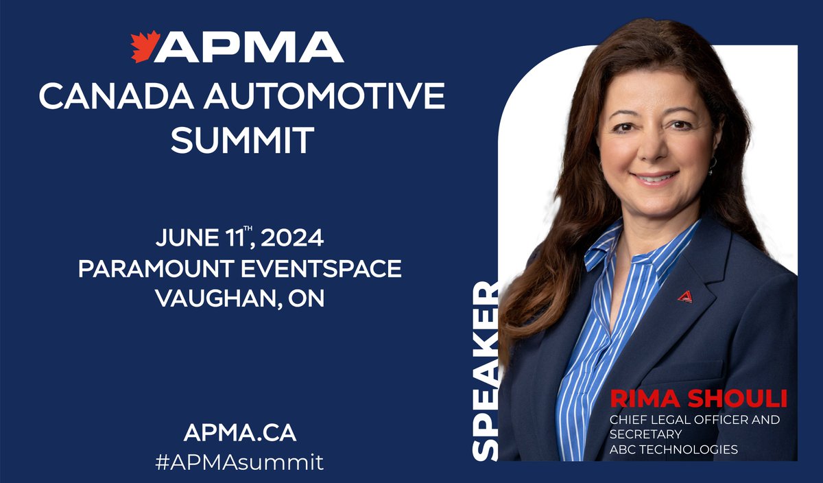 We're looking forward to Rima Shouli, Chief Legal Officer and Secretary, from @ABCTechInc sharing her insights at the Canada Automotive Summit. Join the conversation on June 11. Get your ticket here: eventbrite.ca/e/809095675947… #APMAsummit #ABCTech