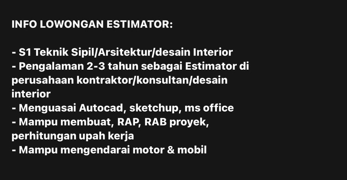 #InfoLoker : Lowongan pekerjaan estimator