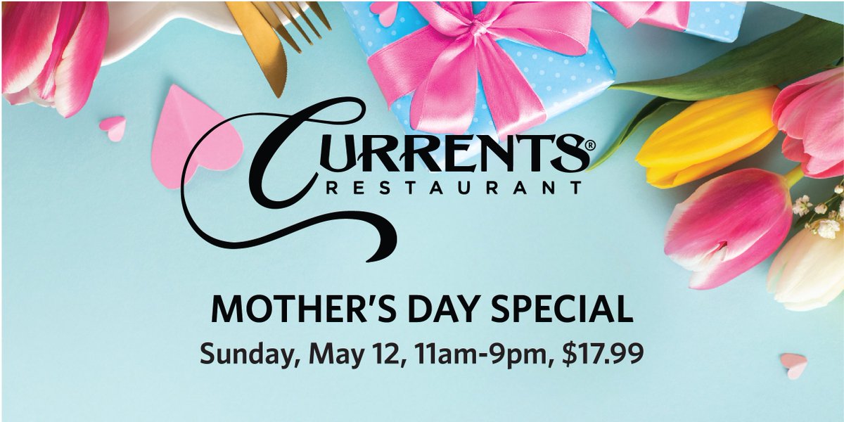 Treat mom to something special at Currents Restaurant this Mother's Day, May 12, from 11am-9pm! Indulge in our mouthwatering grilled lemon-pepper chicken over angel hair pasta, with cherry tomatoes, served with a breadstick, for $17.99. 🌸🍝