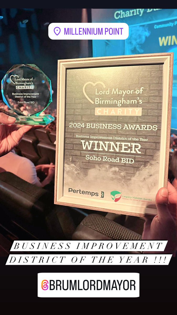 We are overjoyed to announce that Soho Road BID was named the Business Improvement District of the Year at the Lord Mayor of Birmingham's Charity Business Awards 2024! @LMCBirmingham #LordMayorBirmingham #BusinessAwards @BrumLordMayor