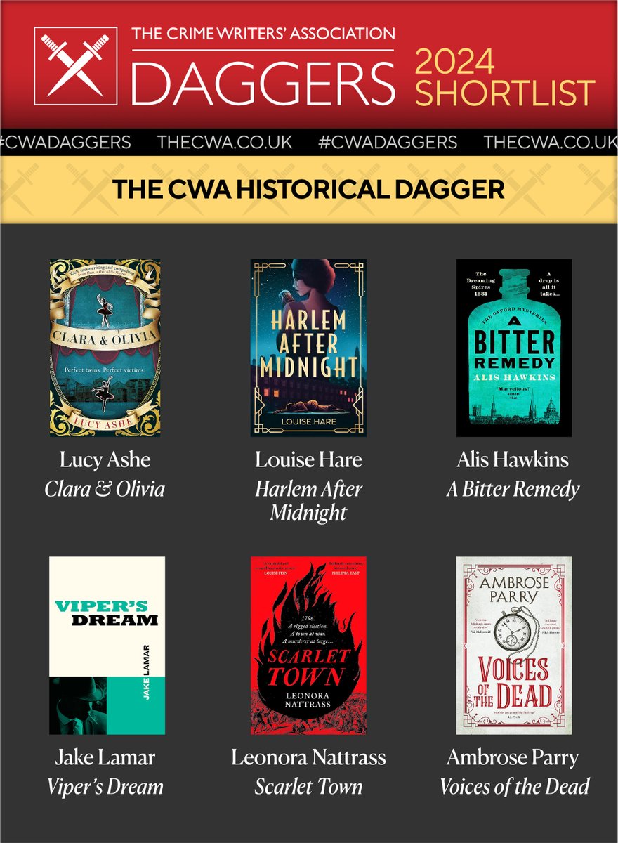 🗡 THE CWA HISTORICAL DAGGER #CWADaggers Lucy Ashe: Clara & Olivia Louise Hare: Harlem After Midnight Alis Hawkins: A Bitter Remedy Jake Lamar: Viper’s Dream Leonora Nattrass: Scarlet Town Ambrose Parry: Voices of the Dead