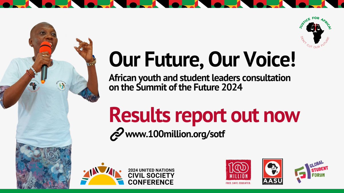 🚨 NEW: Results report from the Our Future, Our Voice consultation w/ African youth & student leaders on their prioritised for the #SummitOfTheFuture is out now! Read, share & amplify these critical voices ahead of the #SOTF: 100million.org/sotf