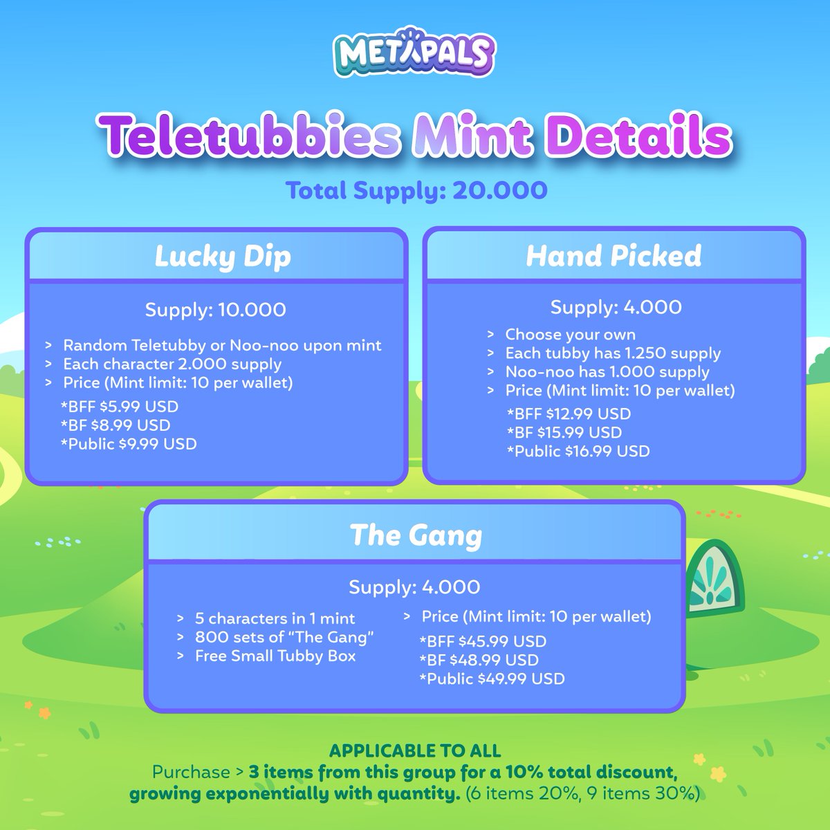 Teletubbies NFT Mint & Accessory Box Mint Details Teletubbies NFT DETAILS ‼️ Supply: 20,000 WEN? soon...👀 Accessory Box Mint Details ‼️ Supply: 20,000 each (Small, Medium, Large) Tezos ⛓️ Last chance to win BF or BFF list! Register over at this link⬇️…