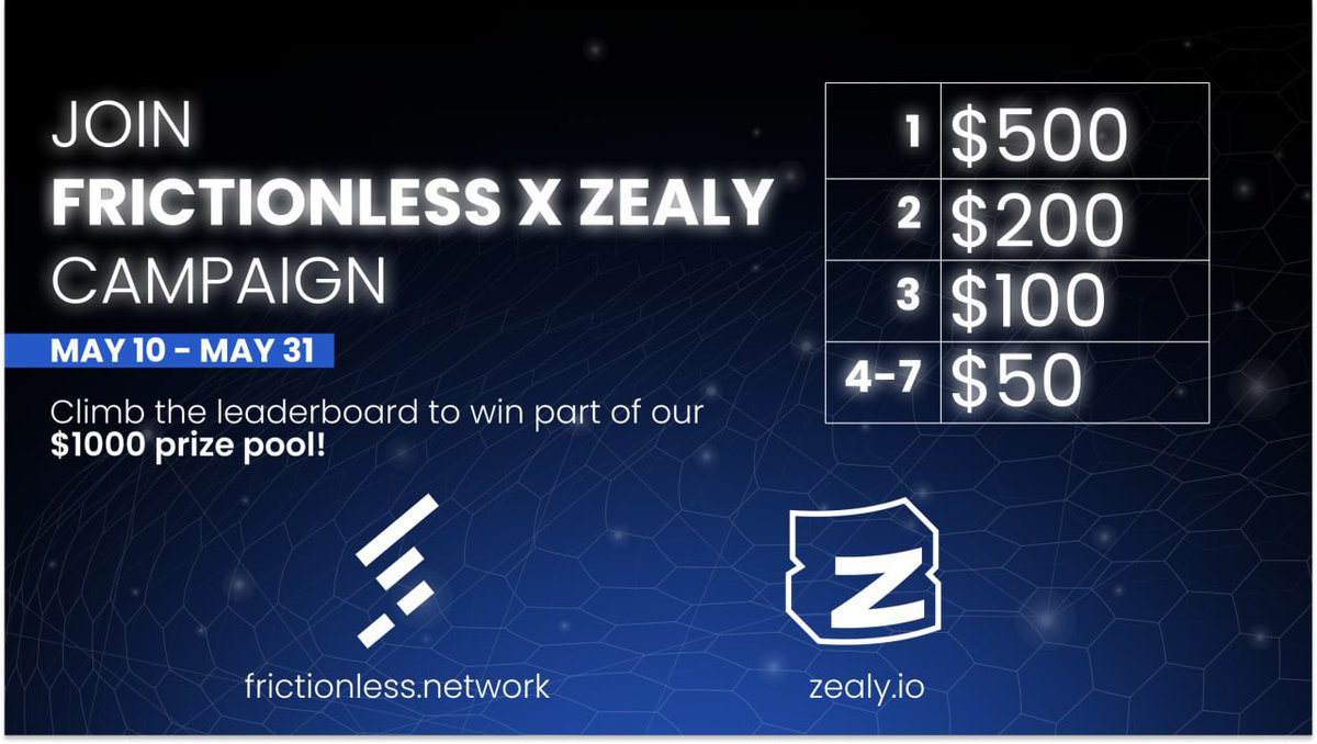 We are thrilled to announce our inaugural $FRIC <a href="/zealy_io/">Zealy</a> campaign!

Complete the quests and earn! Who will take top spot in our leaderboard?

Join the action here: zealy.io/cw/frictionles…

Stay tuned for more incredible updates as we push hard towards our BETA platform release👍