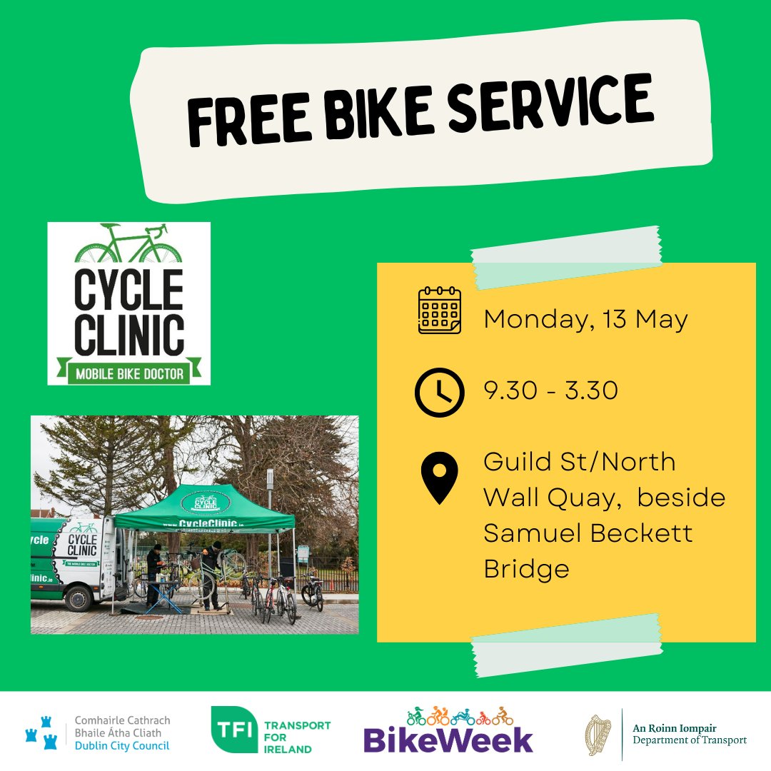 To celebrate #BikeWeek we have a free bike service on Mon 13th on Guild Street, Dublin 1. It’s first come, first served so get there early to guarantee a slot! Thanks to Cycle Clinic for working with us to keep cyclists safe #cycledublin