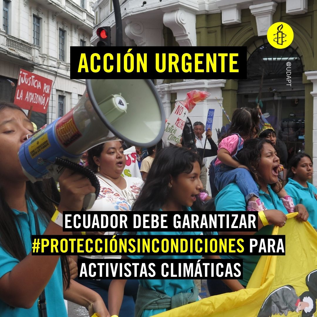 #Ecuador 🇪🇨: @DianaSalazarM2, es inaceptable condicionar la protección que necesitan Leonela Moncayo y sus ocho compañeras activistas climáticas del #CasoMecheros a detener su activismo. Exigimos investigación efectiva y #ProtecciónSinCondiciones YA ✊🏽 amn.st/6014jtuFG
